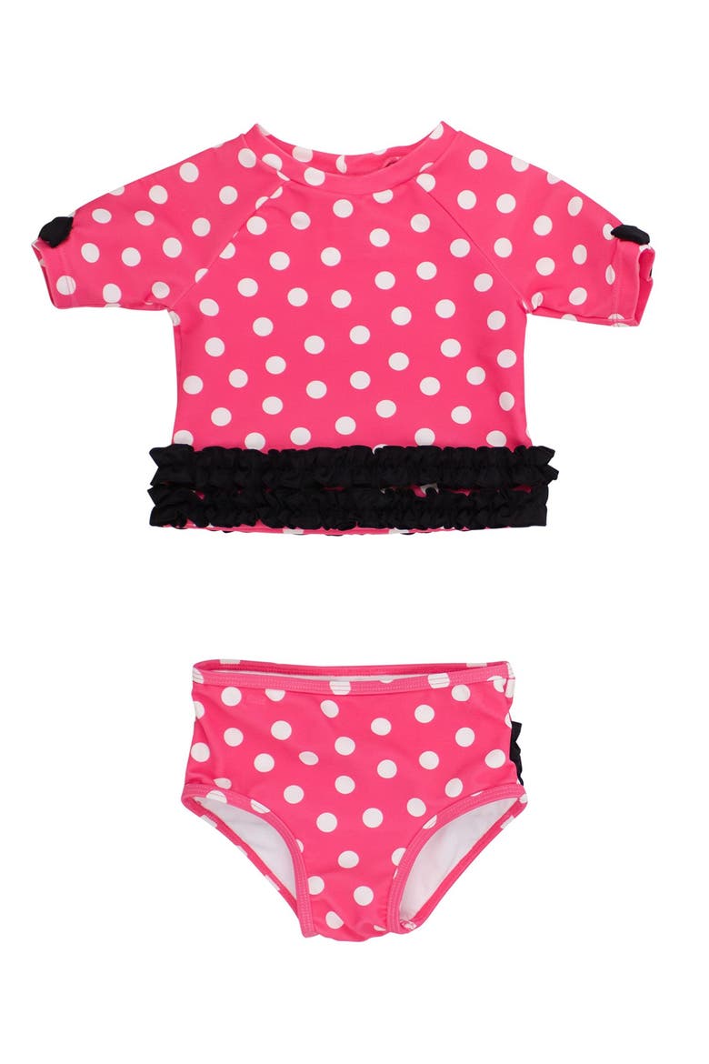 Classic Bow Short Sleeve Upf50 Rash Guard 2-piece Swimsuit With Signature Rear Ruffles, Main, color, Hot Pink Polka Dot