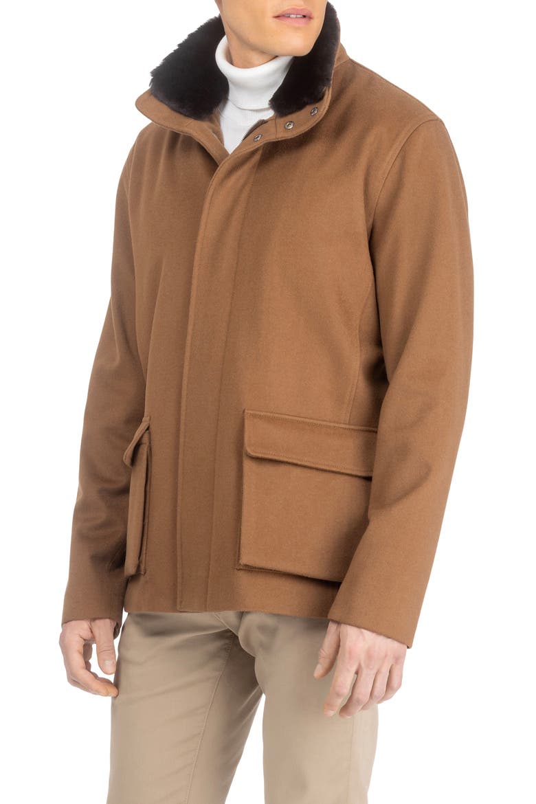 Men's Wool Jacket with Detachable Genuine Shearling Collar, Alternate, color, Whiskey/Dark Brown