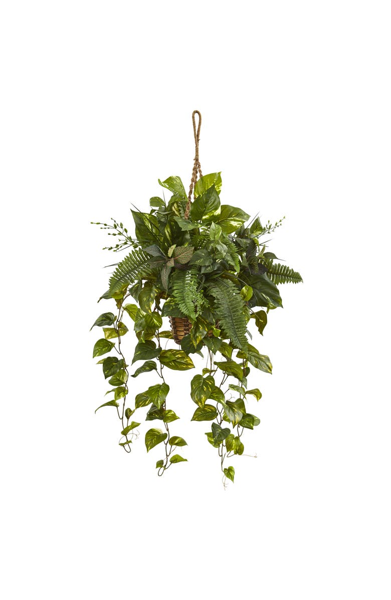 NEARLY NATURAL Mixed Pothos and Boston Artificial Fern in Hanging Basket, Main, color, Green