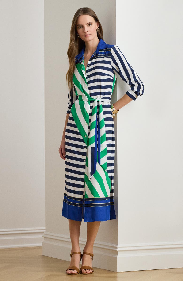 Lauren Ralph Lauren Fayella Stripe Long Sleeve Midi Shirtdress, Alternate, color, Navy Blue/ White/ Green