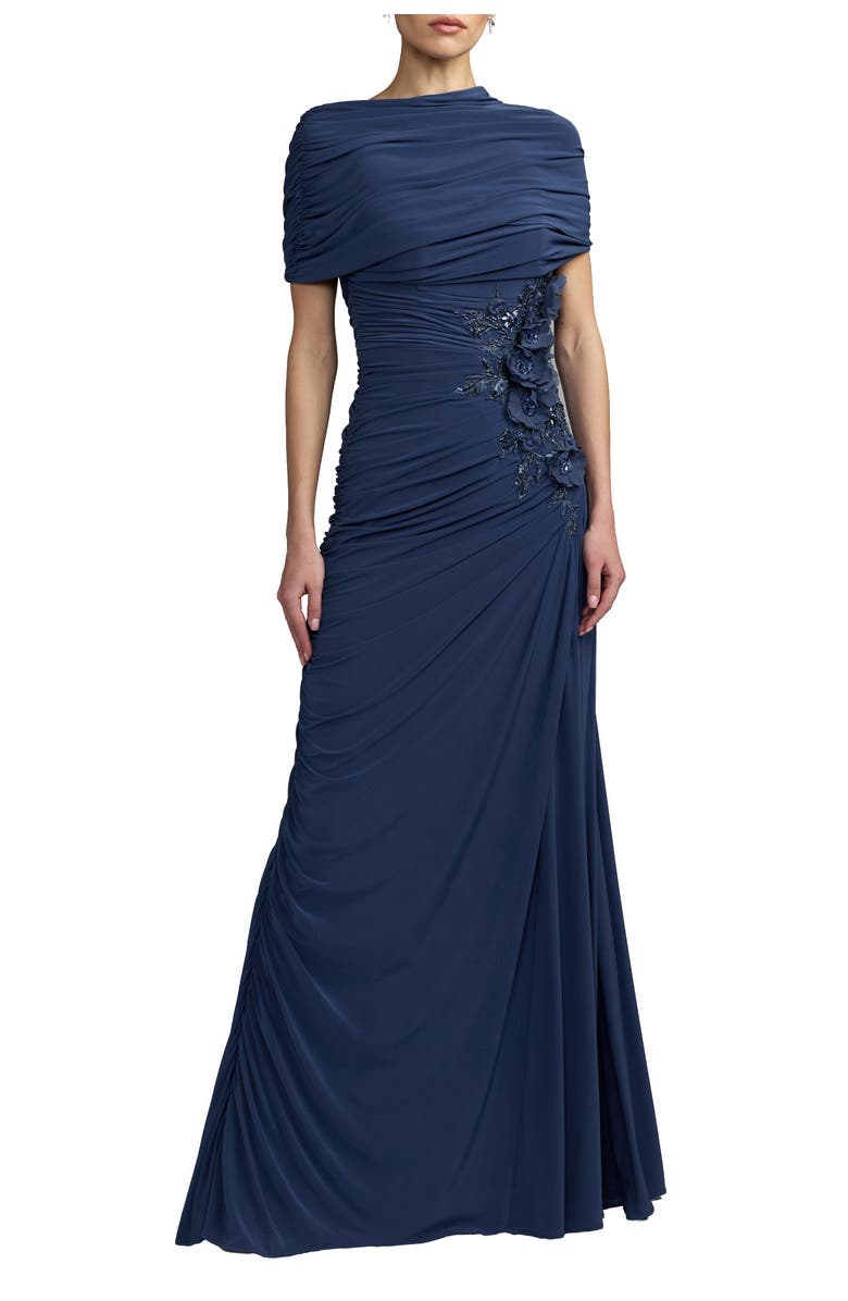 Mac Duggal Embellished Jersey Draped Column Gown, Main, color, Sapphire