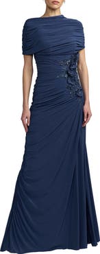 Mac Duggal Embellished Jersey Draped Column Gown