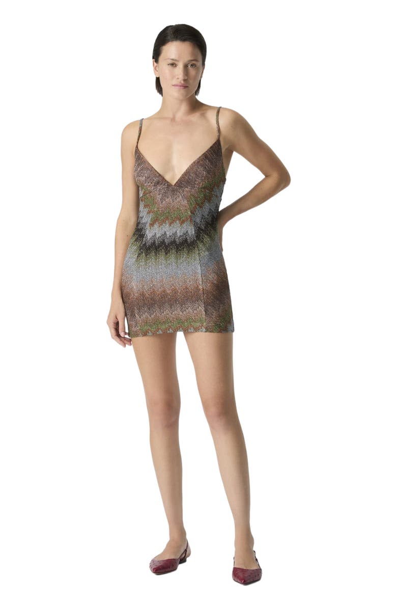 Missoni Sleeveless Viscose Lamé Mini Dress With Deep Neckline, Alternate, color, Green& Brown