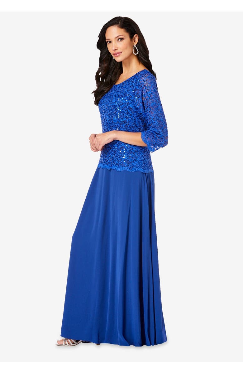 Roaman's Plus Size Sequin Lace Three Quarter Sleeve A-Line Gown, Alternate, color, Black