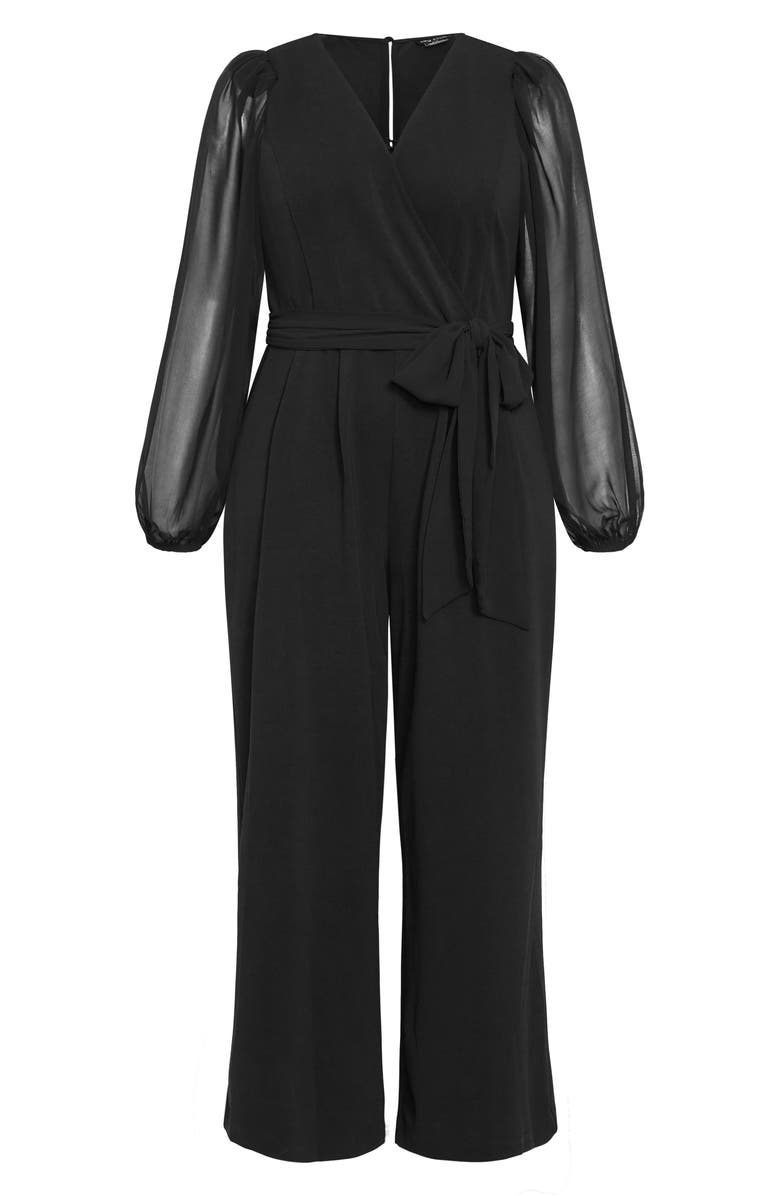 City Chic Belted Sheer Long Sleeve Jumpsuit, Alternate, color, Black