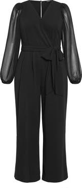 City Chic Belted Sheer Long Sleeve Jumpsuit