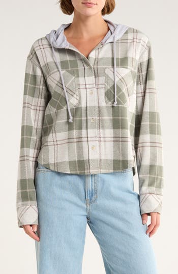 Thread & Supply Plaid Hooded Shirt Jacket In White