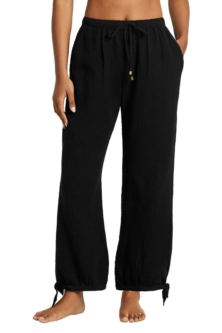 Cotton Gauze Straight Leg Cover-Up Pants, Main, color, BLACK