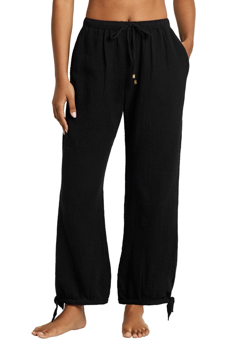 Lauren Ralph Lauren Cotton Gauze Straight Leg Cover-Up Pants, Main, color, Black