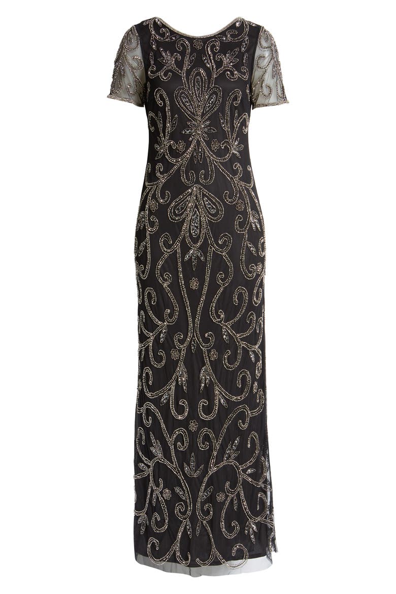 Beaded Illusion Mesh A-Line Gown, Alternate, color, BLK/ WHT
