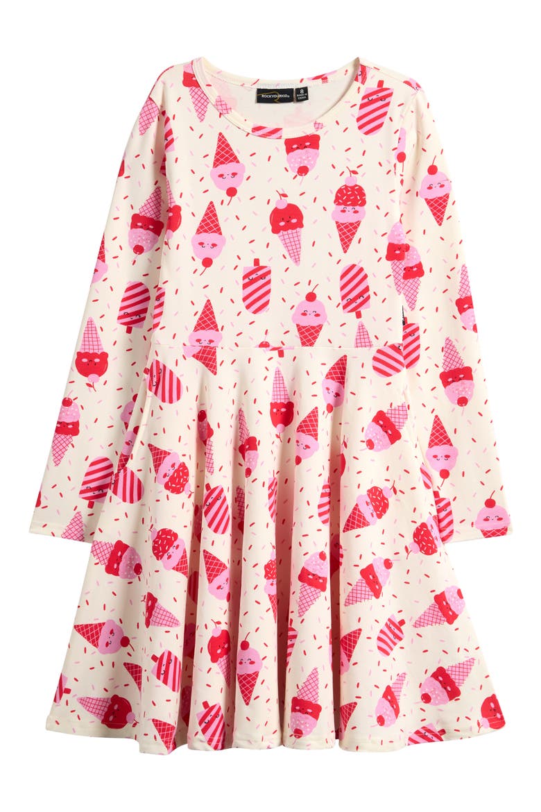 Kids' Fit & Flare Long Sleeve Stretch Cotton Dress, Main, color, CREAM