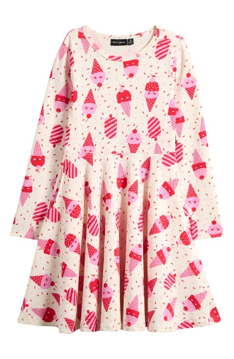 Kids' Fit & Flare Long Sleeve Stretch Cotton Dress (Toddler, Little Kid & Big Kid)