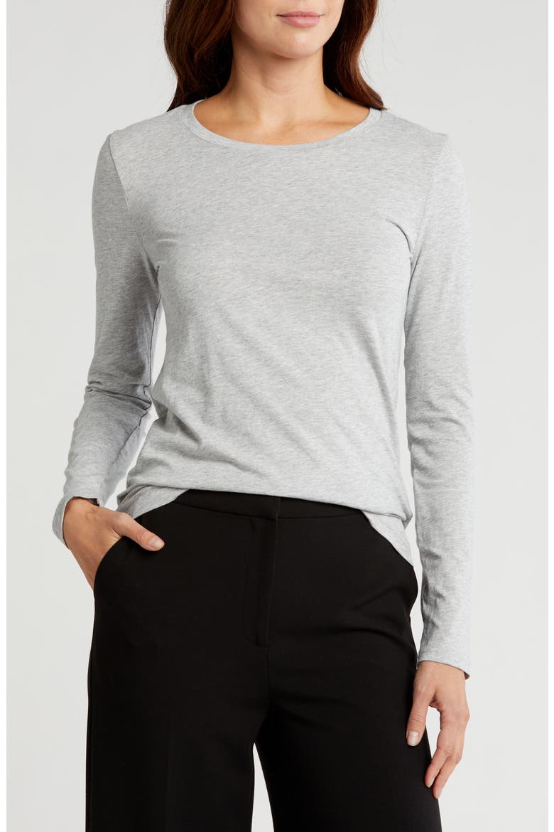 Crewneck Long Sleeve Pima Cotton T-Shirt, Main, color, GREY HEATHER