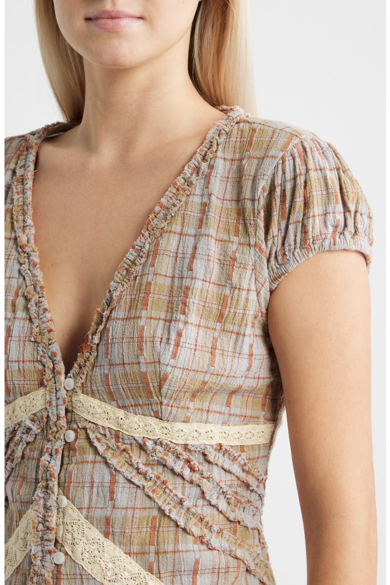 Robyn Plaid Ruffle & Lace Trim Button-Up Top, Alternate, color, BROWN