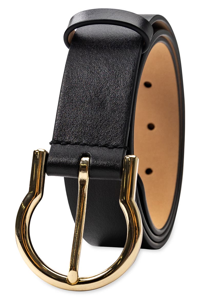 Hinged Buckle Leather Belt, Alternate, color, BLACK