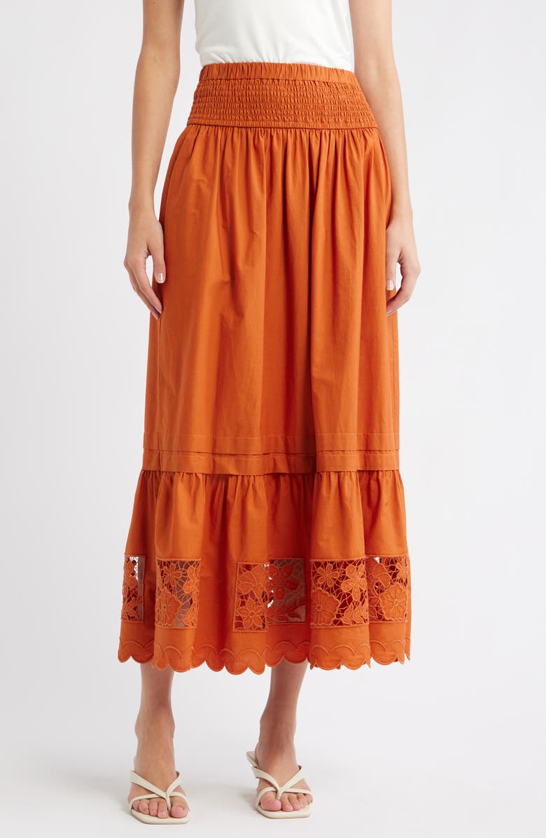 LOVE THE LABEL Nolan Smocked Waist Embroidered Cotton Eyelet Midi Skirt, Main, color, Cinnamon