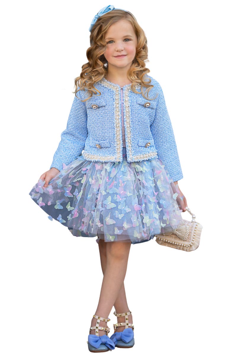 Mia Belle Girls Girls  Sparkle Tweed Jacket & Butterfly Tutu Skirt Set, Main, color, Blue