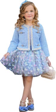 Mia Belle Girls Girls  Sparkle Tweed Jacket & Butterfly Tutu Skirt Set
