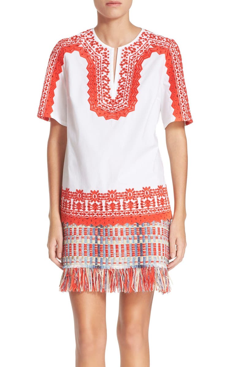 Tory Burch 'Isla' Embroidered Stretch Cotton Tunic, Main, color, 