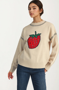 Knit and Lounge Playful Strawberry Knit Sweater with Ribbed Hem and Long Sleeves