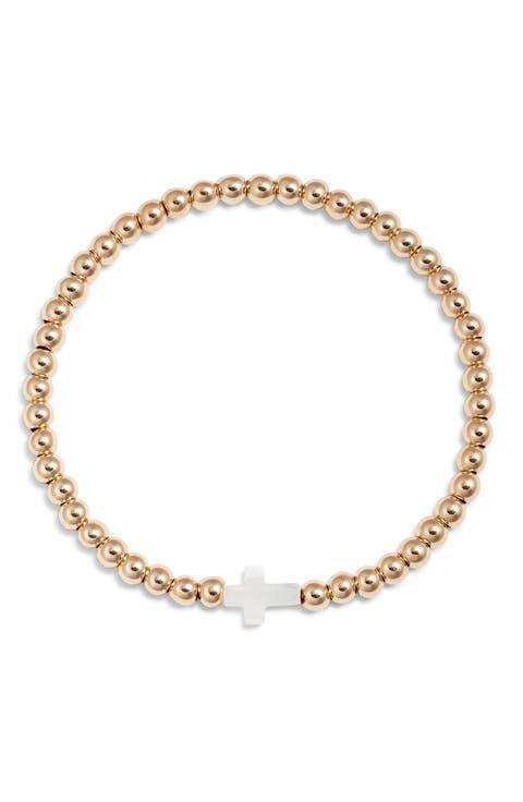 GLASS BEAD RING PALE ROSE W/CROSS CHARM