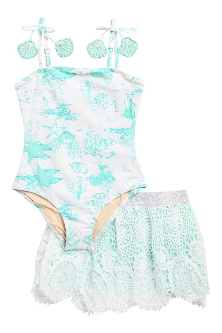 Kids' One-Piece Swimsuit with Lace Skirt, Main, color, WHITE/ MINT