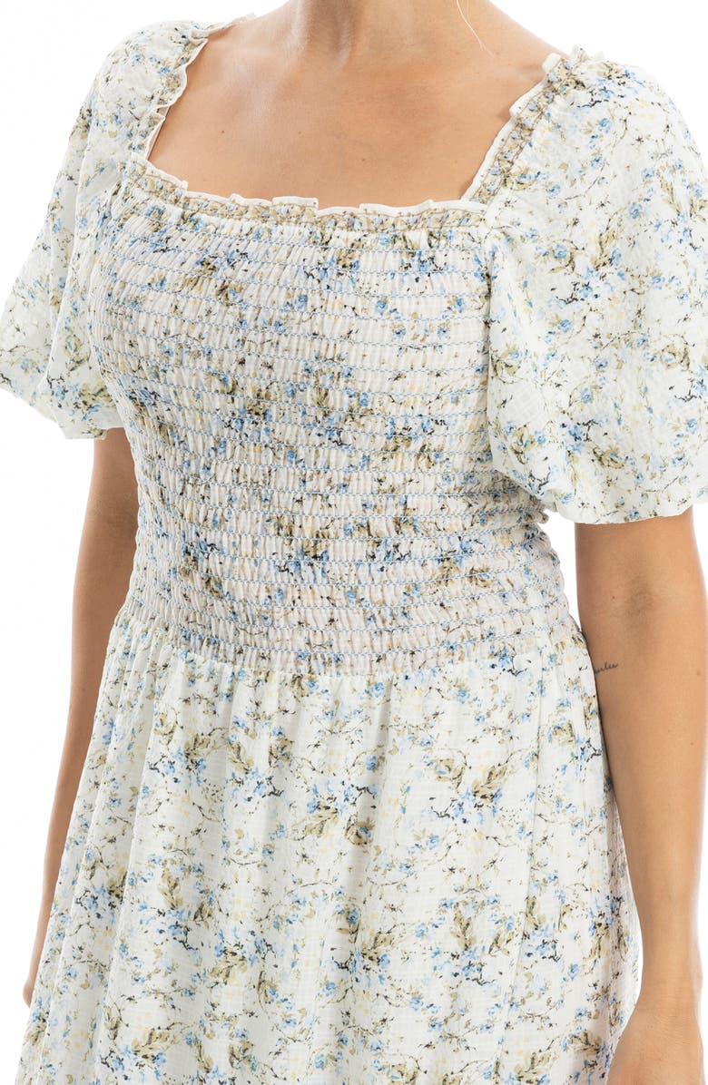 MAX STUDIO Print Smocked Puff Sleeve Maxi Dress, Alternate, color, Cream/ Blue Bloom Interlace