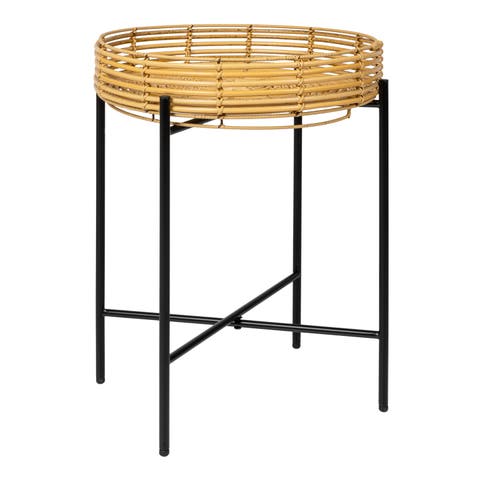 Malia 20" Coastal Bohemian Faux Rattan Round Tray End Table with Metal Base