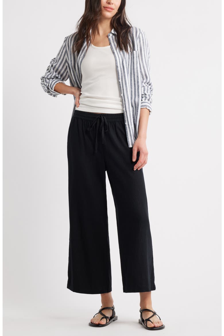 Drawstring Wide Leg Linen Blend Pants, Alternate, color, BLACK