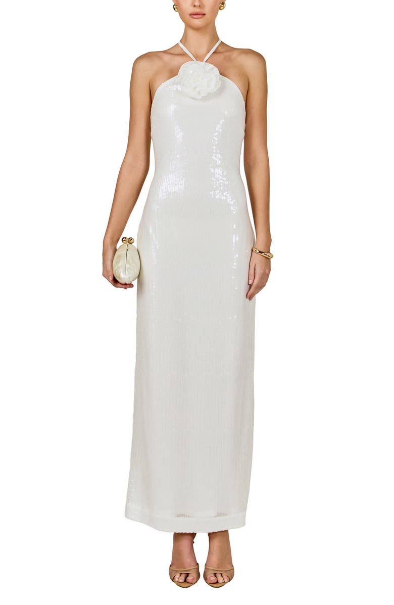 Endless Rose Rose Sequin Halter Maxi Dress, Main, color, White