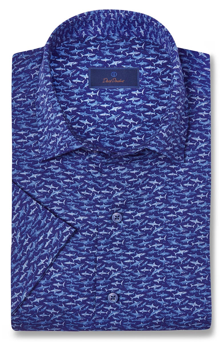 David Donahue Printed Short Sleeve Sport Shirt, Main, color, Navy