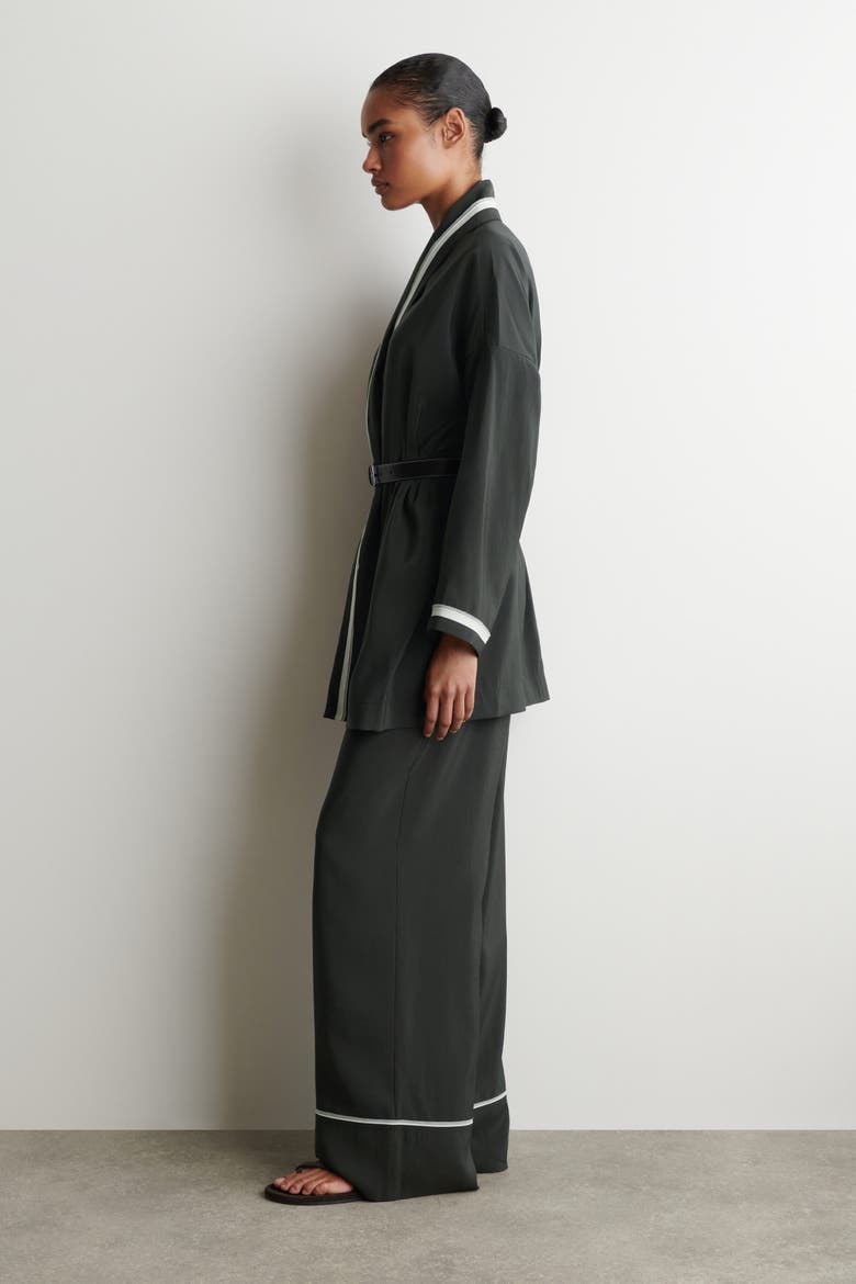 Contrast-piped Robe-style Blouse, Alternate, color, KHAKI / WHITE