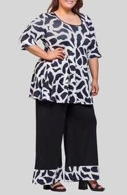 24seven Comfort Apparel Black & White Scoop Neck Tunic Top & Wide Leg Pants Set
