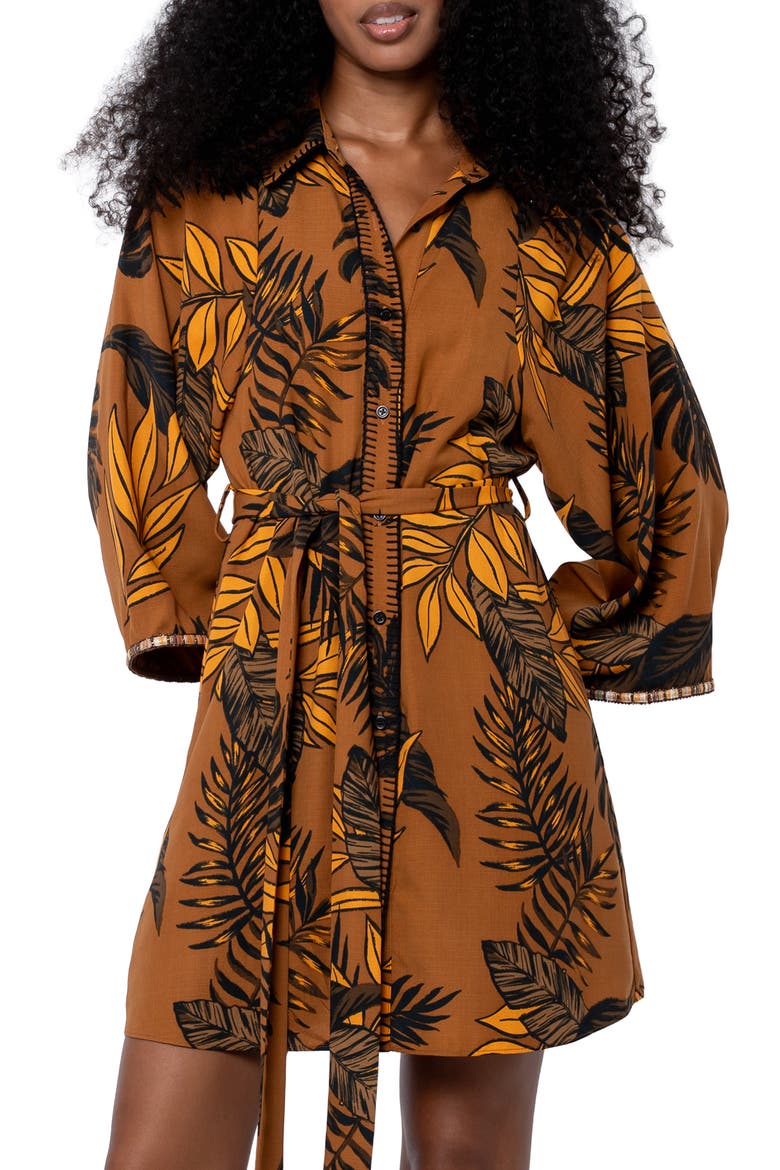 Gaia Leaf Print Mini Shirtdress, Alternate, color, ORANGE