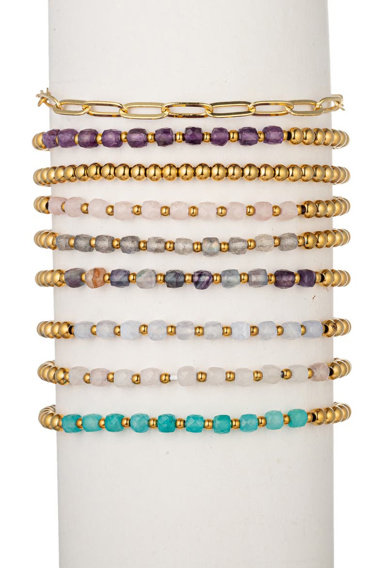 Korina Set of 9 Assorted Beaded Stretch Bracelets, Main, color, GOLD