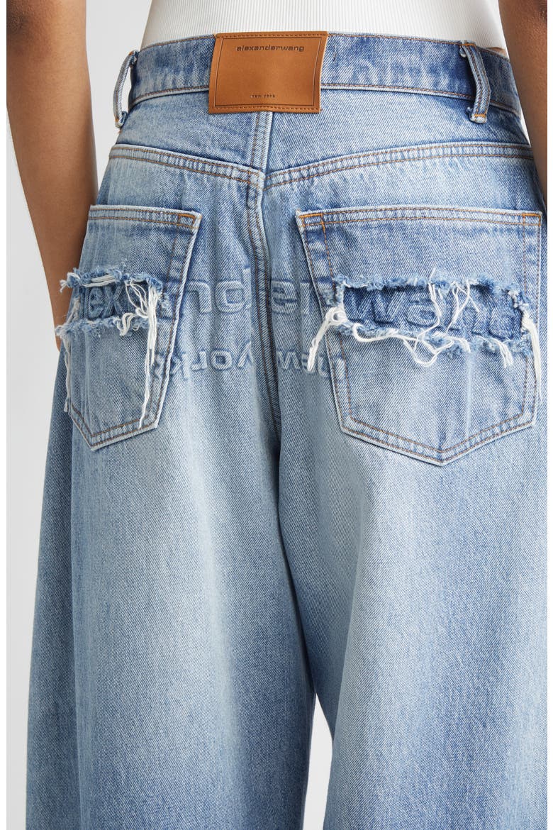 Distressed Logo Blow Up Barrel Leg Jeans, Alternate, color, AUTHENTIC LIGHT INDIGO