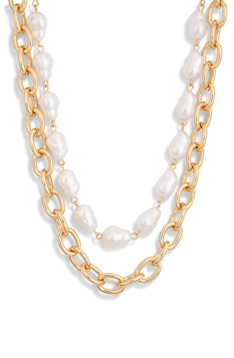 Set of 2 Faux Pearl & Chain Necklace