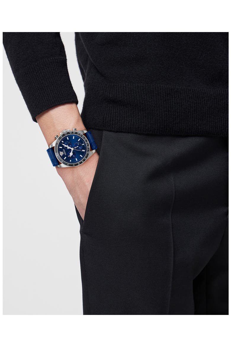 Greca Chronograph Leather Strap Watch, 43mm, Alternate, color, BLUE/ STAINLESS STEEL