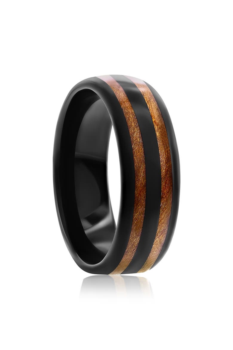 Men's Wood & Black Tungsten Band Ring, Alternate, color, BROWN