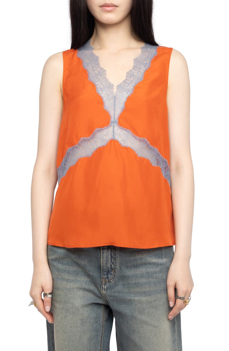 Zadig & Voltaire Tasao Silk Lace Top, Main, color, Tangerine