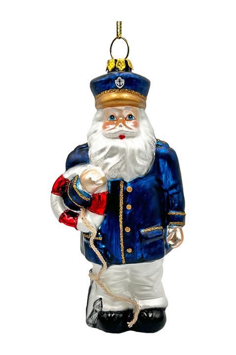 Santa Ship Captain With Life Ring Glass Ornament