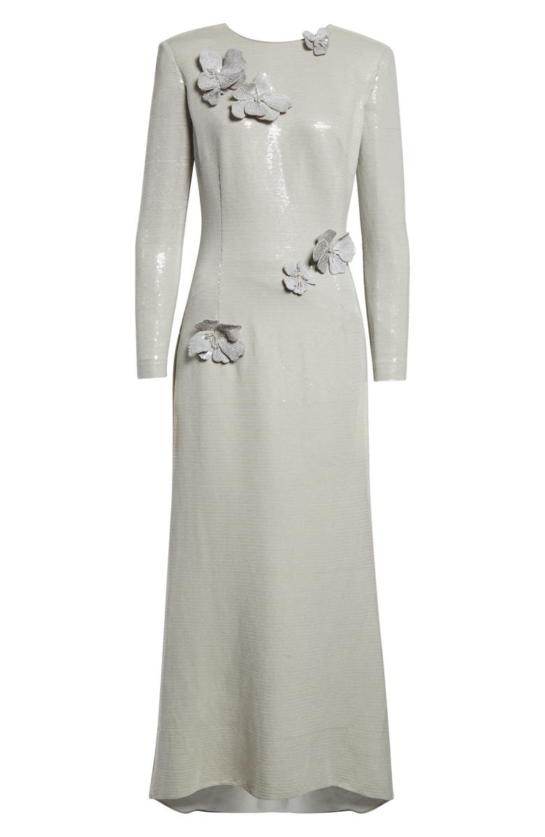 Oscar de la Renta Embroidered Cherry Blossom Long Sleeve Sequin Gown, Alternate, color, Pewter