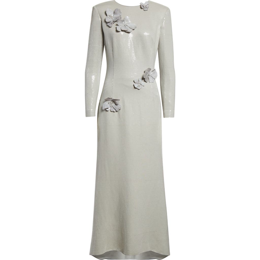 Oscar De La Renta Embroidered Cherry Blossom Long Sleeve Sequin Gown In Gray