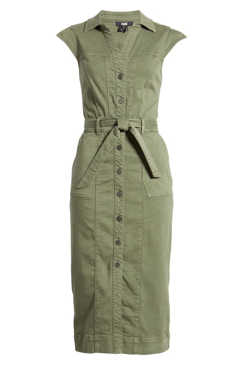 Jaxsyn Cap Sleeve Stretch Twill Midi Shirtdress, Alternate, color, VINTAGE IVY GREEN