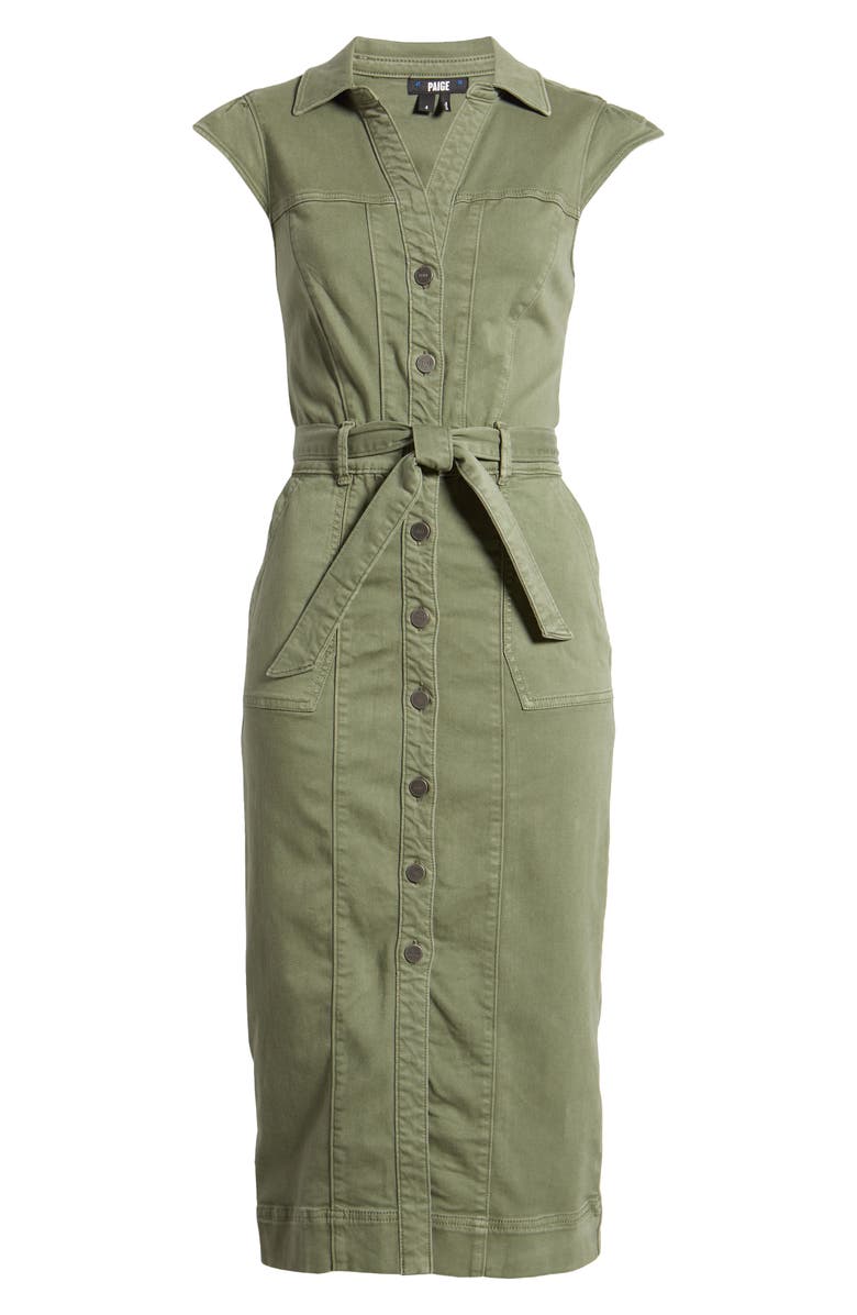 PAIGE Jaxsyn Cap Sleeve Stretch Twill Midi Shirtdress, Alternate, color, Vintage Ivy Green