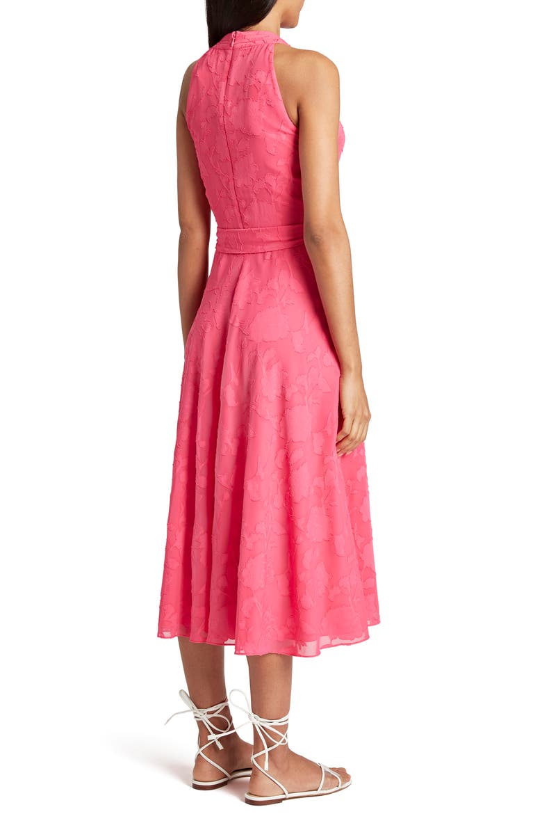 Floral Clipped Chiffon Sleeveless Midi Dress, Alternate, color, NEON CORAL