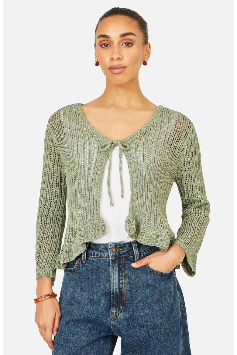 Tie Front Pointelle Cardigan, Main, color, Sage Green