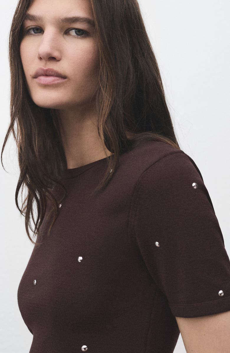 MANGO Studded Short Sleeve Sweater, Alternate, color, Brown
