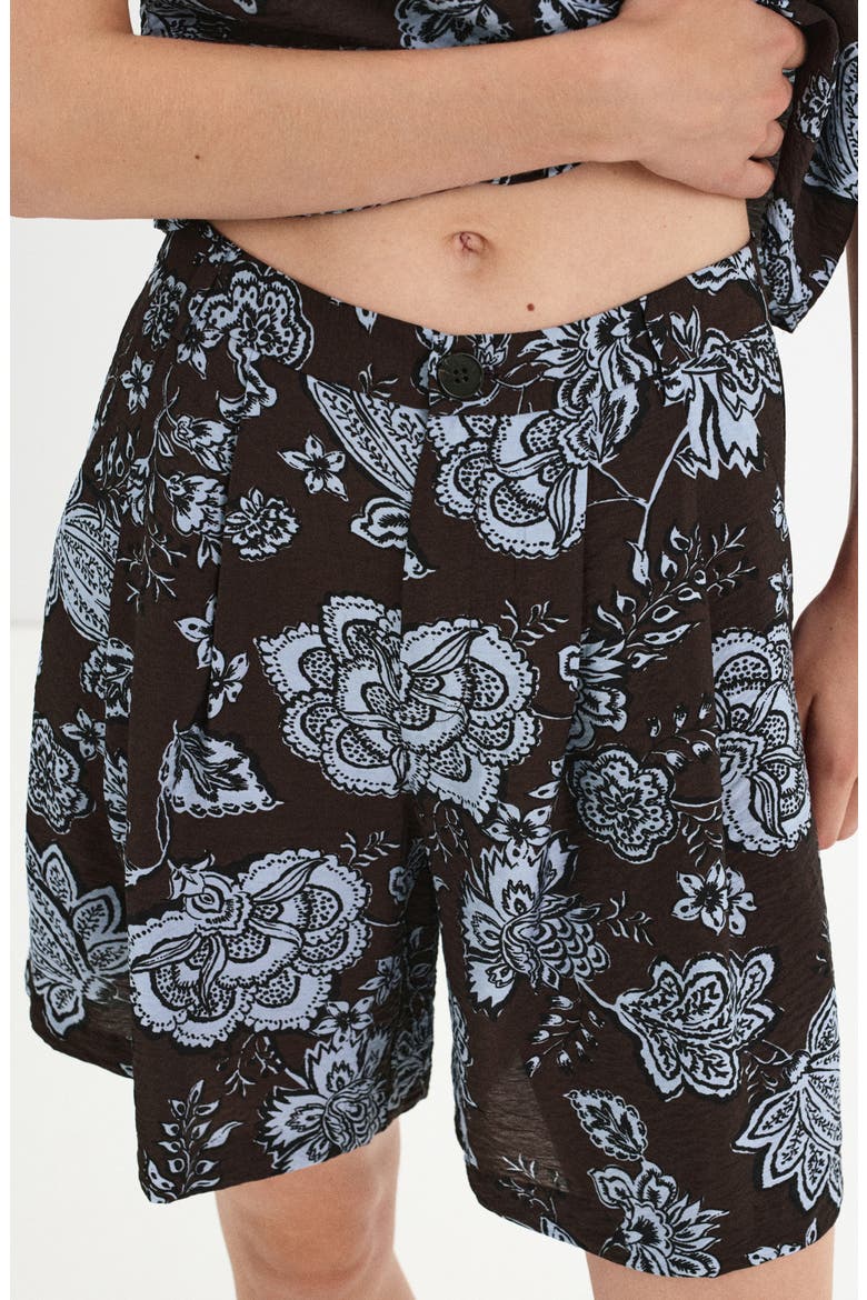 Pleated Floral Shorts, Alternate, color, BROWN