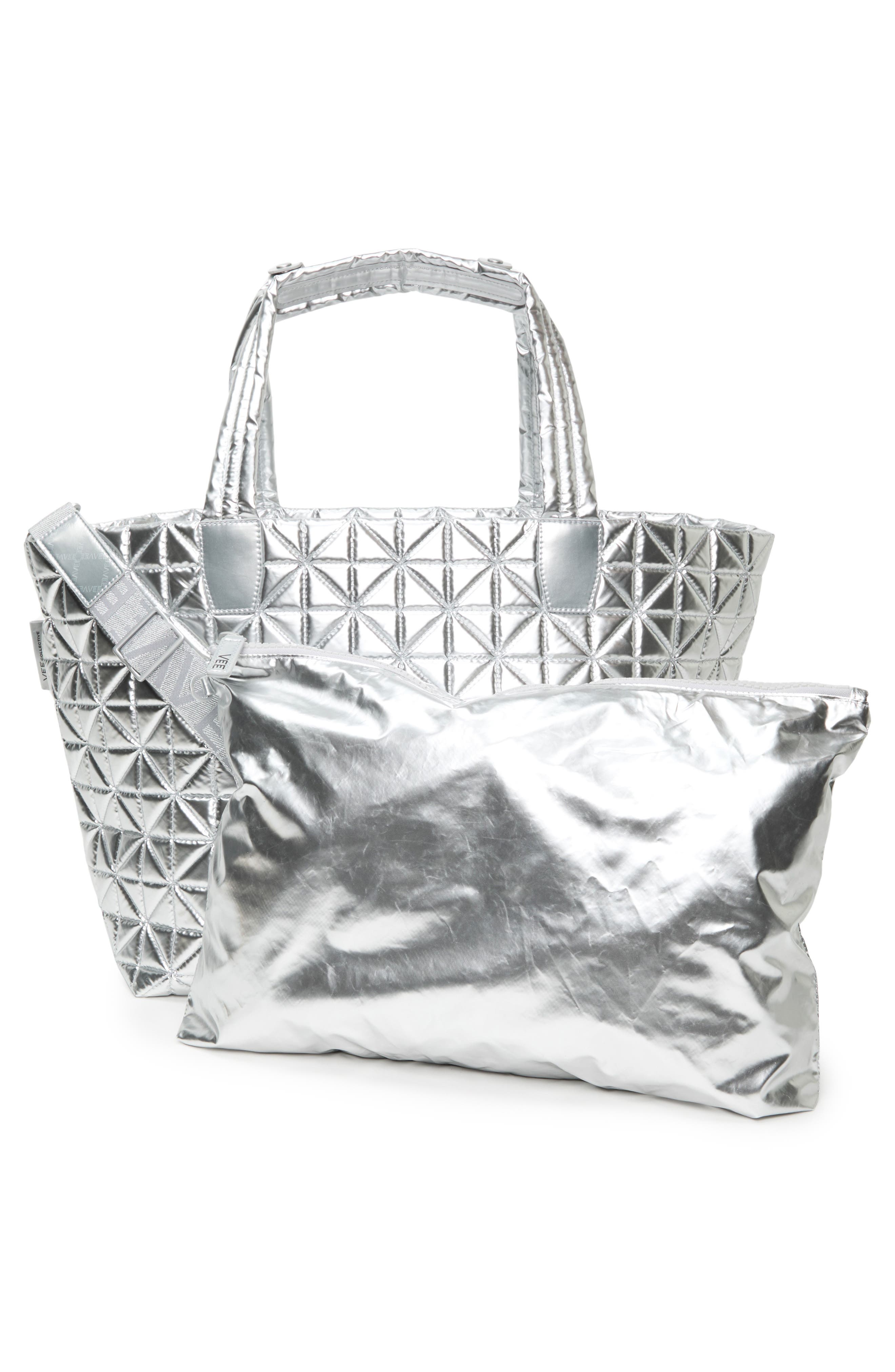 VeeCollective Vee Weekender Water Resistant Quilted Recycled Nylon Tote, Alternate, color, Chrome Metallic Chromm